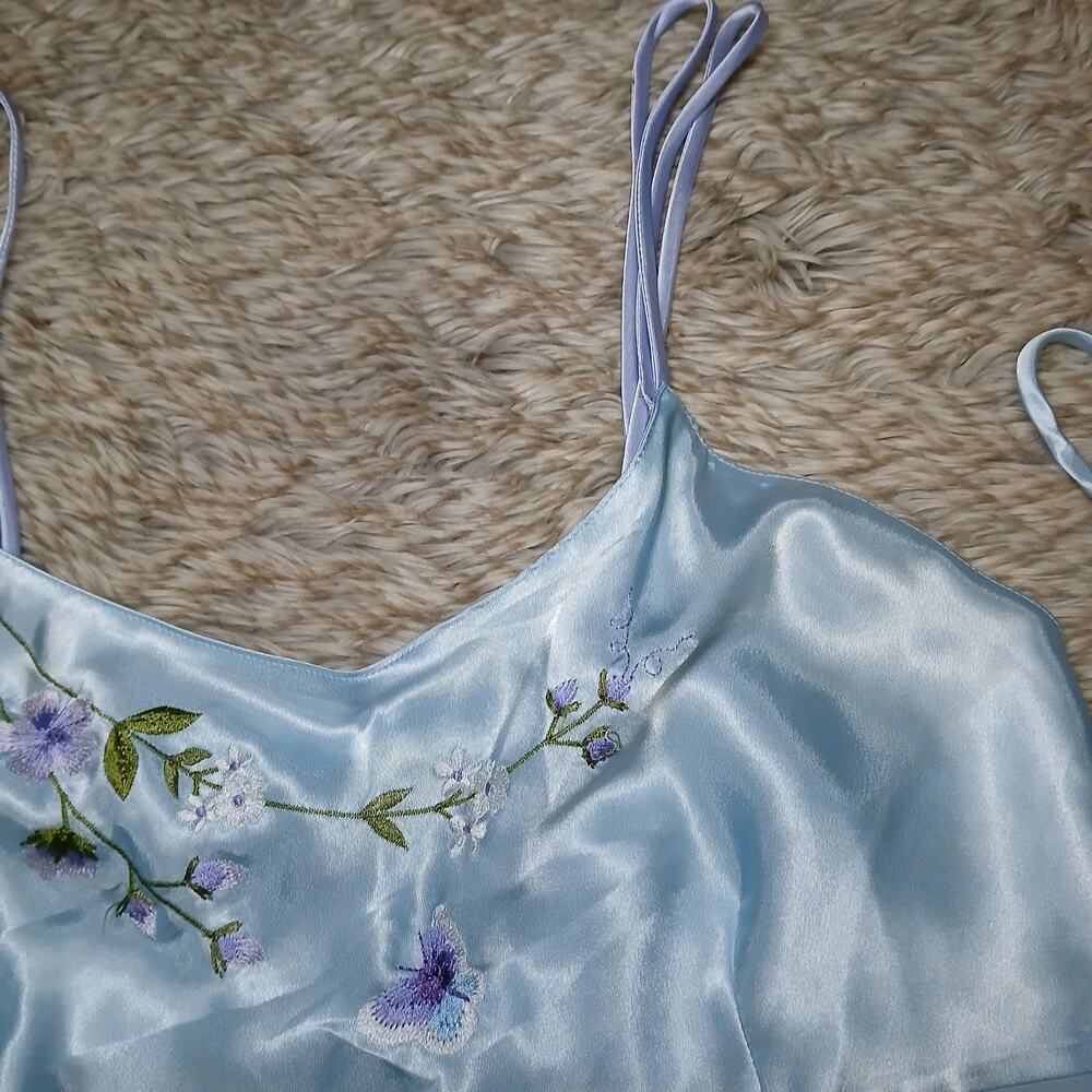 Women's Large Aqua Blue‎ Sheer Satin Embroidered Floral Butterfly Slip Lingerie - Picture 2 of 9